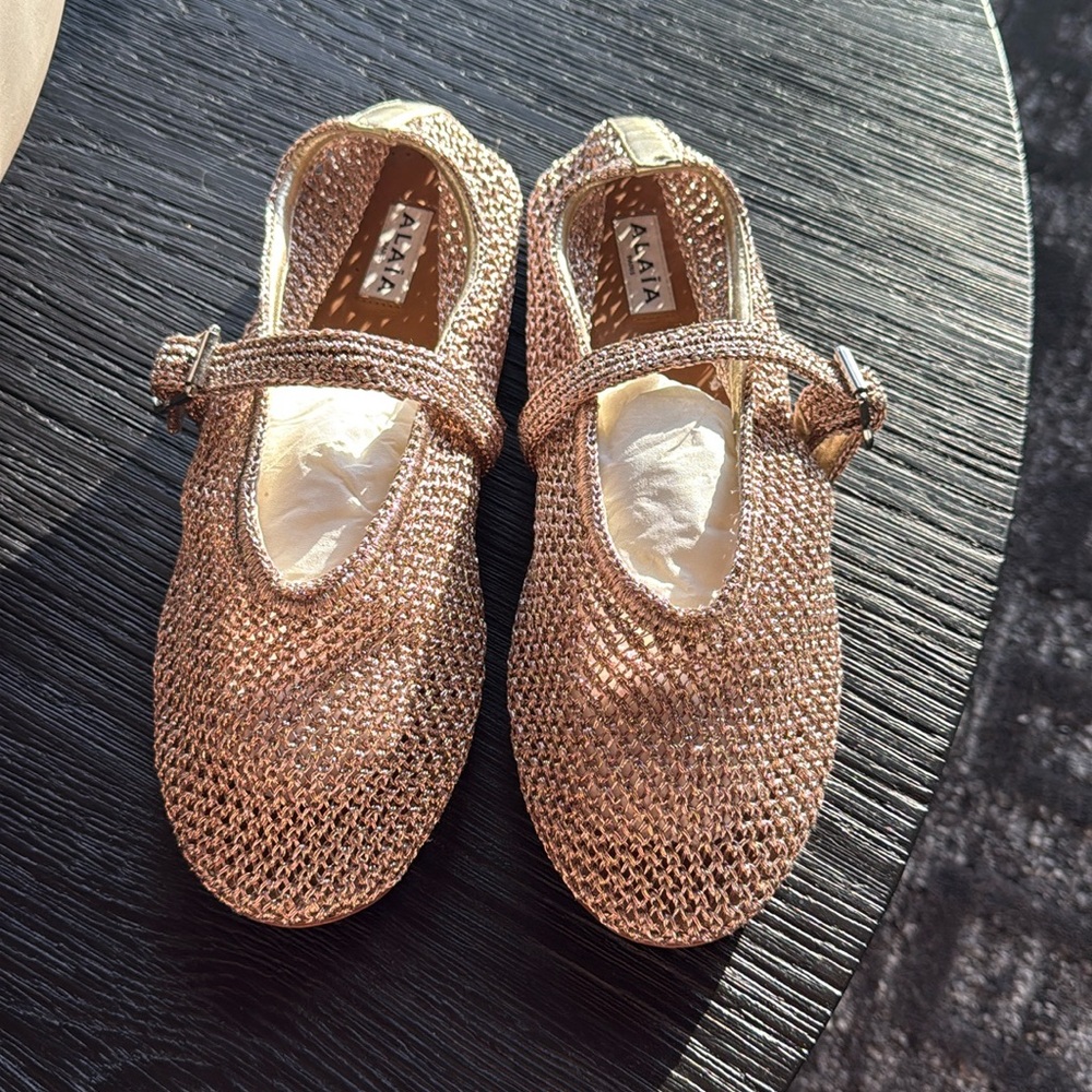 ALAÏA Metallic Crochet leather-trimmed Mary Jane flats